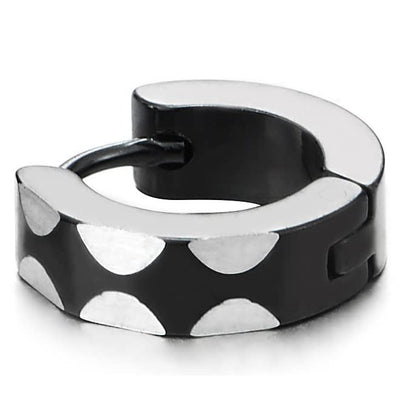 Mens Women Silver Black Steel Circle Huggie Hinged Hoop Earrings with Semicircle Laser Pattern 2 pcs - COOLSTEELANDBEYOND Jewelry