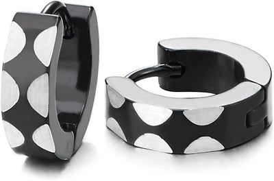 Mens Women Silver Black Steel Circle Huggie Hinged Hoop Earrings with Semicircle Laser Pattern 2 pcs - COOLSTEELANDBEYOND Jewelry