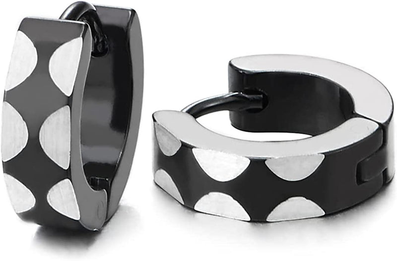 Mens Women Silver Black Steel Circle Huggie Hinged Hoop Earrings with Semicircle Laser Pattern 2 pcs - COOLSTEELANDBEYOND Jewelry