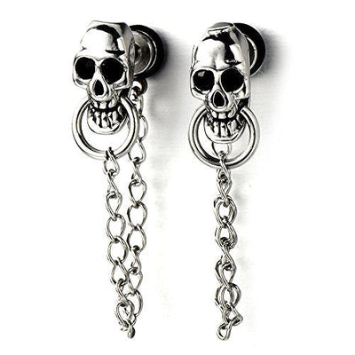 Mens Women Skull Chain Stud Earrings Drop Dangle, Stainless Steel, Screw Back, 2 Pcs - coolsteelandbeyond