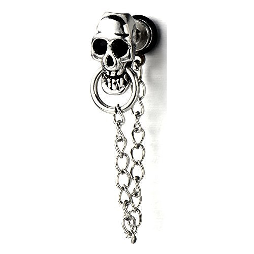 Mens Women Skull Chain Stud Earrings Drop Dangle, Stainless Steel, Screw Back, 2 Pcs - coolsteelandbeyond