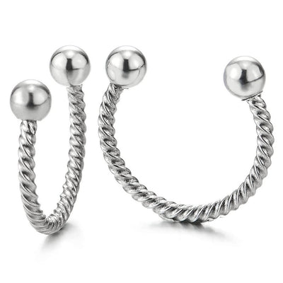 Mens Women Stainless Steel Beads Wrench Half Huggie Hinged Hoop Earrings Screw Back 2 pcs - COOLSTEELANDBEYOND Jewelry