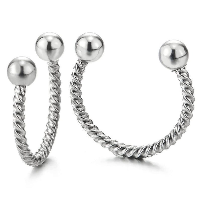 Mens Women Stainless Steel Beads Wrench Half Huggie Hinged Hoop Earrings Screw Back 2 pcs - COOLSTEELANDBEYOND Jewelry