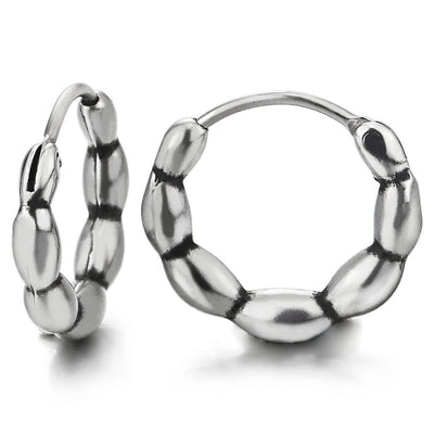 Mens Women Stainless Steel Circle Oval Rice Beads Huggie Hinged Hoop Earrings 2 pcs - COOLSTEELANDBEYOND Jewelry