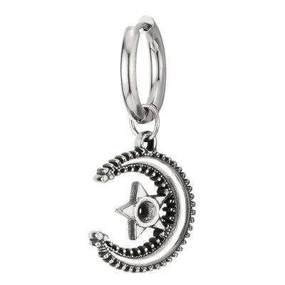 Mens Women Stainless Steel Dangling Huggie Hinged Hoop Earrings with Moon and Star 2 pcs - COOLSTEELANDBEYOND Jewelry