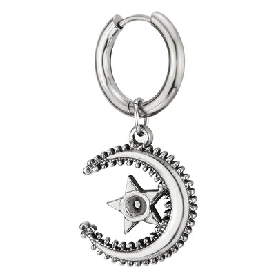 Mens Women Stainless Steel Dangling Huggie Hinged Hoop Earrings with Moon and Star 2 pcs - COOLSTEELANDBEYOND Jewelry