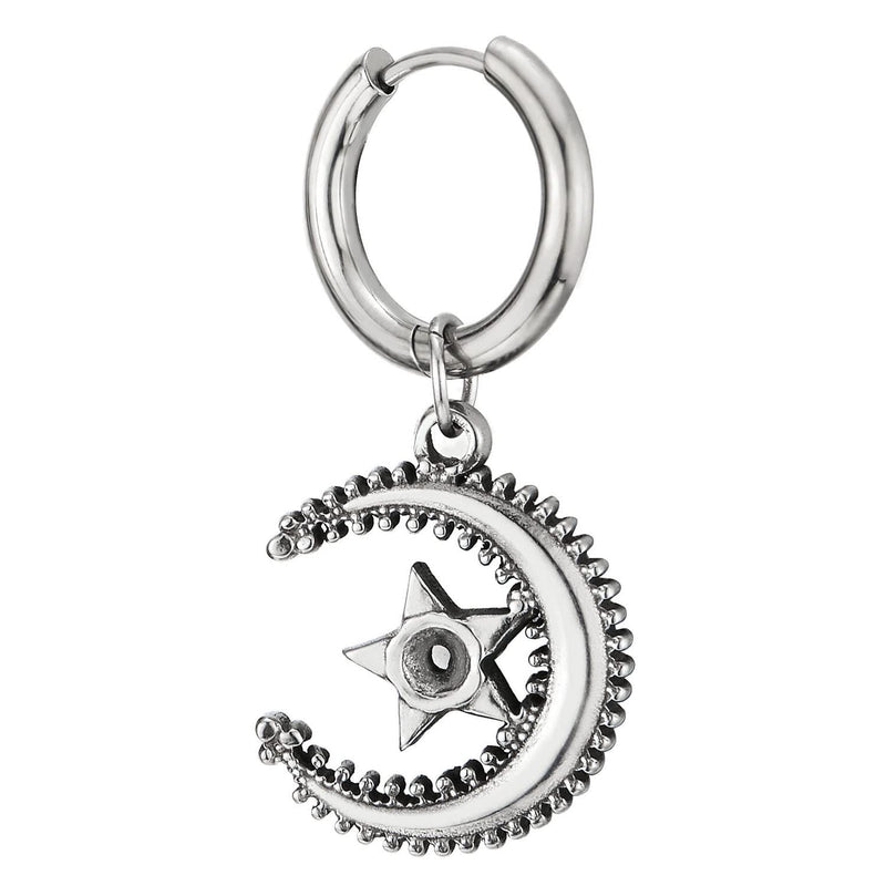 Mens Women Stainless Steel Dangling Huggie Hinged Hoop Earrings with Moon and Star 2 pcs - COOLSTEELANDBEYOND Jewelry