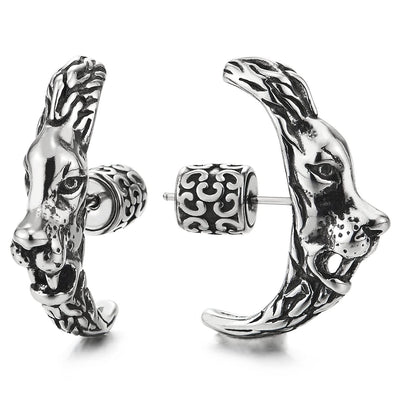 Mens Women Stainless Steel Half Hoop Lion Crescent Moon Stud Earrings 2 pcs - COOLSTEELANDBEYOND Jewelry