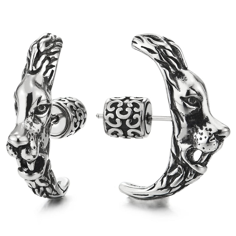 Mens Women Stainless Steel Half Hoop Lion Crescent Moon Stud Earrings 2 pcs - COOLSTEELANDBEYOND Jewelry