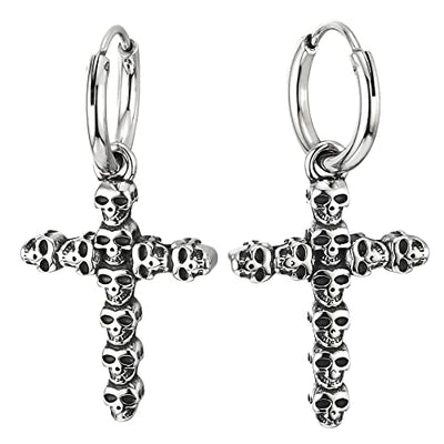 Mens Women Stainless Steel Huggie Hinged Hoop Earrings with Cross of Skulls 2 pcs - COOLSTEELANDBEYOND Jewelry