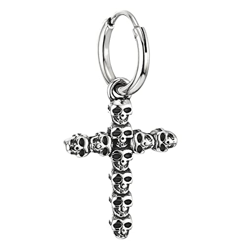 Mens Women Stainless Steel Huggie Hinged Hoop Earrings with Cross of Skulls 2 pcs - COOLSTEELANDBEYOND Jewelry