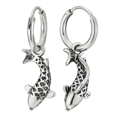 Mens Women Stainless Steel Huggie Hinged Hoop Earrings with Koi Fish, 2 pcs - COOLSTEELANDBEYOND Jewelry