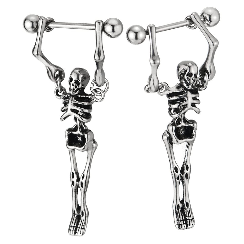Mens Women Stainless Steel Long Stud Earrings with Dangling Skeleton Screw Back 2 pcs - COOLSTEELANDBEYOND Jewelry