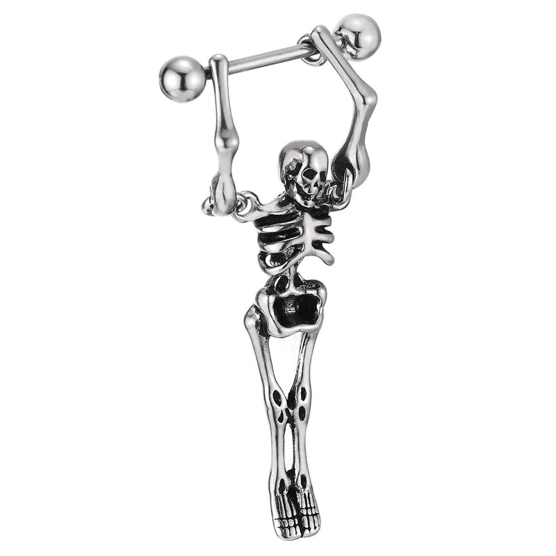 Mens Women Stainless Steel Long Stud Earrings with Dangling Skeleton Screw Back 2 pcs - COOLSTEELANDBEYOND Jewelry