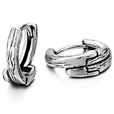 Mens Women Stainless Steel Old Metal Textured Huggie Hinged Hoop Earrings 2 pcs - COOLSTEELANDBEYOND Jewelry