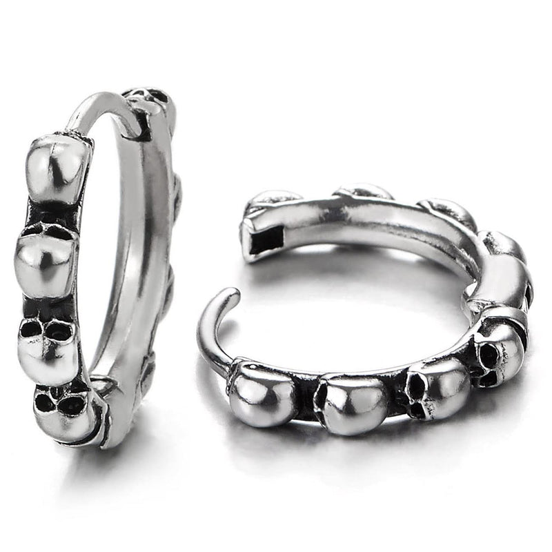 Mens Women Stainless Steel Row of Skulls Huggie Hinged Hoop Earrings 2 pcs - COOLSTEELANDBEYOND Jewelry