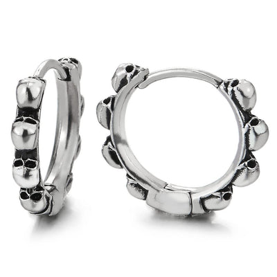 Mens Women Stainless Steel Row of Skulls Huggie Hinged Hoop Earrings 2 pcs - COOLSTEELANDBEYOND Jewelry