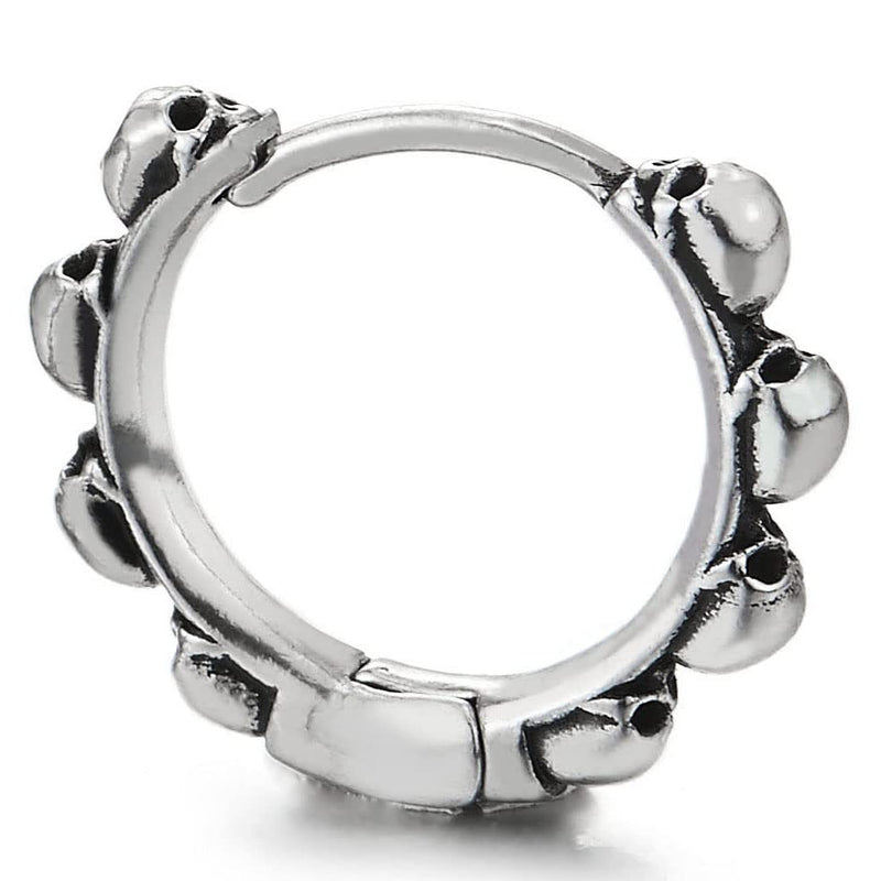 Mens Women Stainless Steel Row of Skulls Huggie Hinged Hoop Earrings 2 pcs - COOLSTEELANDBEYOND Jewelry