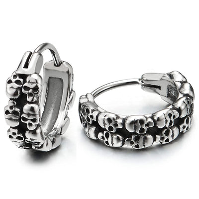 Mens Women Stainless Steel Two Rows of Skulls Huggie Hinged Hoop Earrings 2 pcs - COOLSTEELANDBEYOND Jewelry