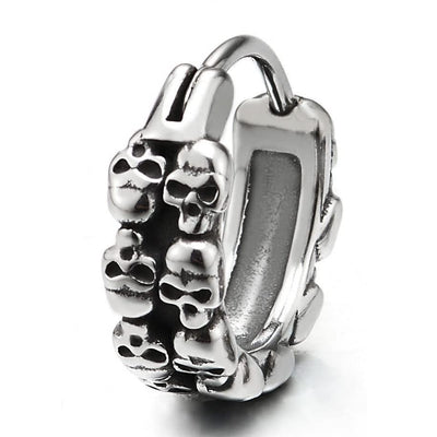 Mens Women Stainless Steel Two Rows of Skulls Huggie Hinged Hoop Earrings 2 pcs - COOLSTEELANDBEYOND Jewelry