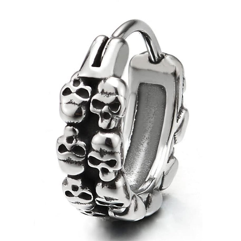 Mens Women Stainless Steel Two Rows of Skulls Huggie Hinged Hoop Earrings 2 pcs - COOLSTEELANDBEYOND Jewelry