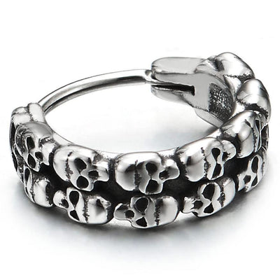 Mens Women Stainless Steel Two Rows of Skulls Huggie Hinged Hoop Earrings 2 pcs - COOLSTEELANDBEYOND Jewelry