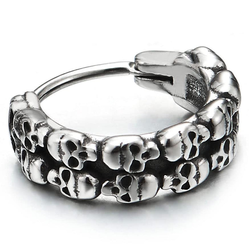Mens Women Stainless Steel Two Rows of Skulls Huggie Hinged Hoop Earrings 2 pcs - COOLSTEELANDBEYOND Jewelry