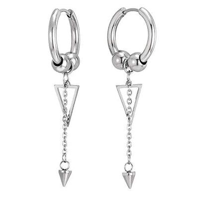 Mens Women Steel Balls Huggie Hinged Hoop Earrings with Dangling Long Chain Cone and Hollow Triangle - coolsteelandbeyond