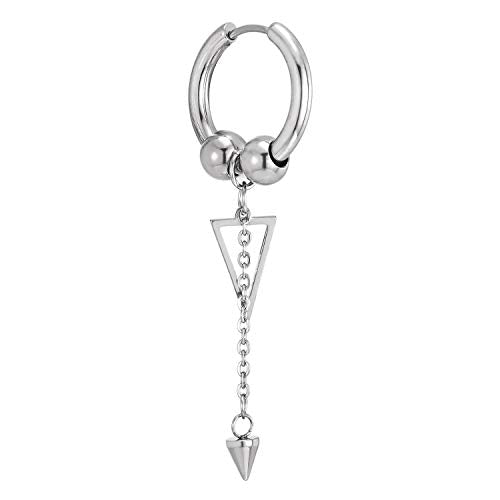 Mens Women Steel Balls Huggie Hinged Hoop Earrings with Dangling Long Chain Cone and Hollow Triangle - coolsteelandbeyond