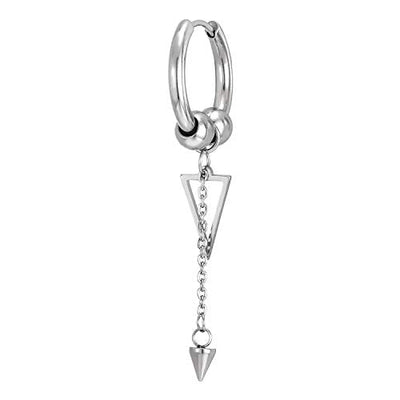 Mens Women Steel Balls Huggie Hinged Hoop Earrings with Dangling Long Chain Cone and Hollow Triangle - coolsteelandbeyond