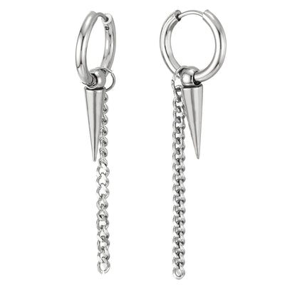 Mens Women Steel Huggie Hinged Hoop Earrings with Spiked Cone and Dangling Rope Chain 2 pcs - COOLSTEELANDBEYOND Jewelry
