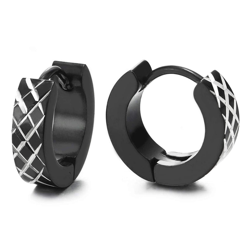 Mens Women Steel Silver Black Huggie Hinged Hoop Earrings with Grid Checker Laser Pattern - coolsteelandbeyond