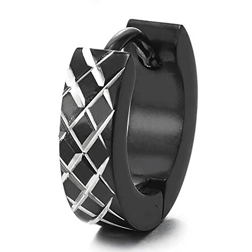 Mens Women Steel Silver Black Huggie Hinged Hoop Earrings with Grid Checker Laser Pattern - coolsteelandbeyond