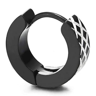 Mens Women Steel Silver Black Huggie Hinged Hoop Earrings with Grid Checker Laser Pattern - coolsteelandbeyond