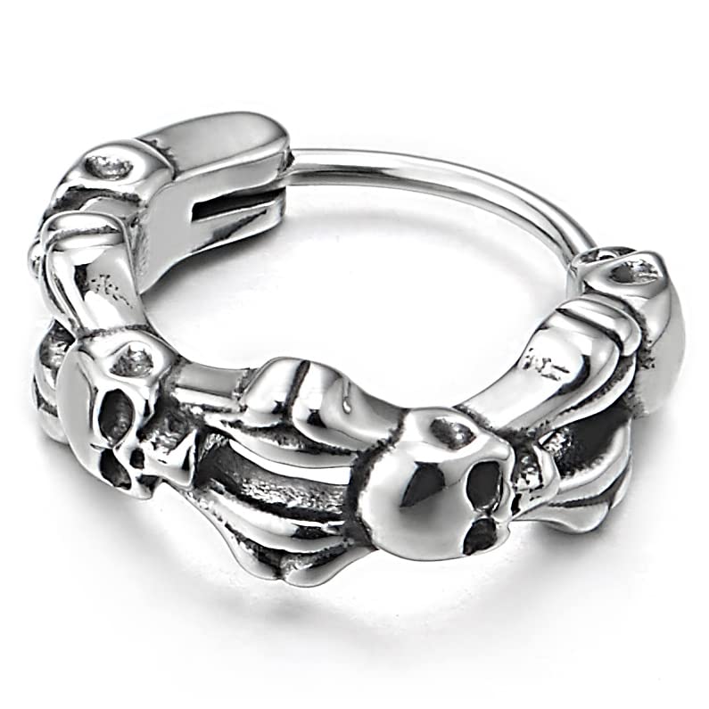 Mens Women Vintage Stainless Steel Huggie Hinged Hoop Earrings with Bone Skulls 2 pcs - COOLSTEELANDBEYOND Jewelry