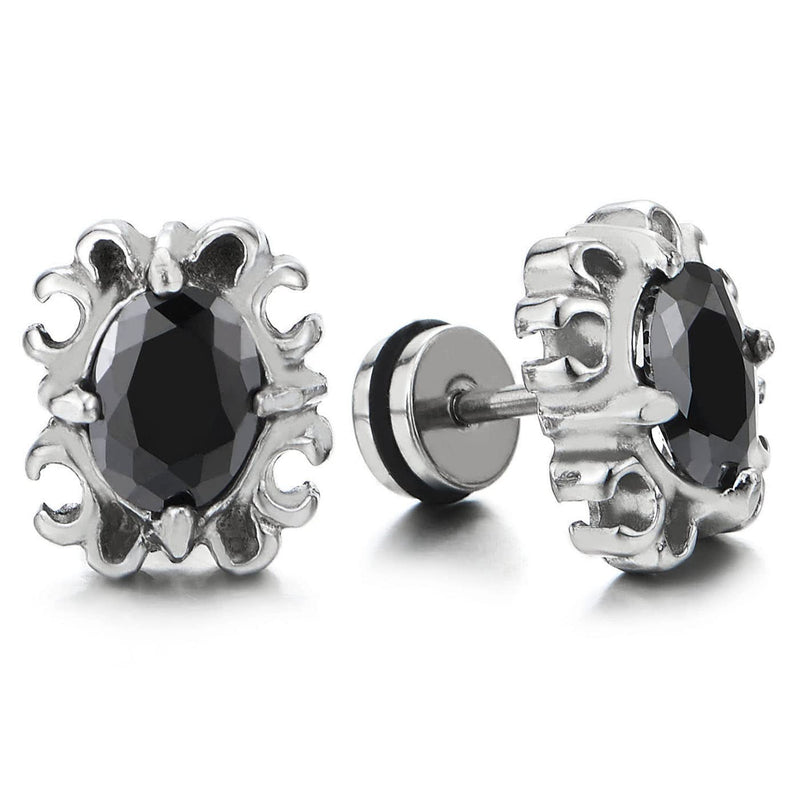 Mens Women Vintage Stainless Steel Stud Earrings with Black Cubic Zirconia Screw Back 2 pcs - COOLSTEELANDBEYOND Jewelry