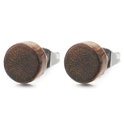 Mens Womens 8MM Brown Wood Circle Stud Earrings, Stainless Steel, Minimalist - COOLSTEELANDBEYOND Jewelry