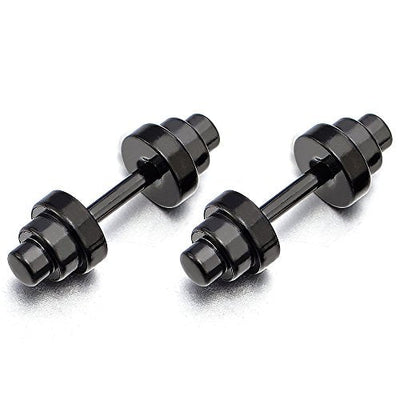 Mens Womens Black Barbell Dumbbell Stud Earrings, Steel Cheater Fake Ear Plugs Gauges, 2Pcs - coolsteelandbeyond
