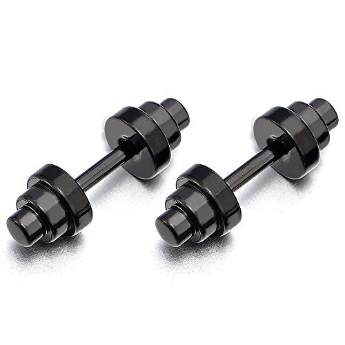 Mens Womens Black Barbell Dumbbell Stud Earrings, Steel Cheater Fake Ear Plugs Gauges, 2Pcs - coolsteelandbeyond