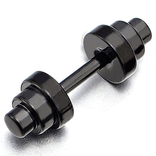 Mens Womens Black Barbell Dumbbell Stud Earrings, Steel Cheater Fake Ear Plugs Gauges, 2Pcs - coolsteelandbeyond