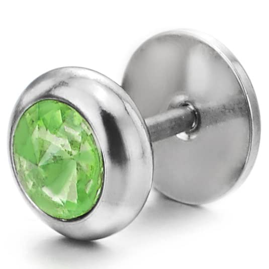Mens Womens Black Circle Stud Earrings with 6mm Spiked Green Crystal, Steel Fake Gauges Plugs - COOLSTEELANDBEYOND Jewelry