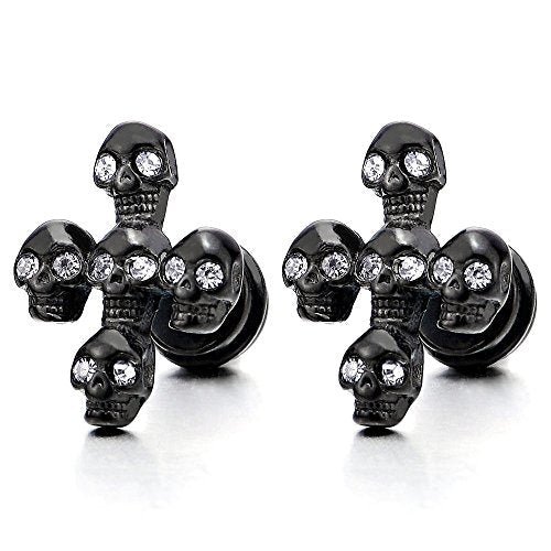 Mens Womens Black Stainless Steel Skull Cross Stud Earrings with Cubic Zirconia, Screw Back, 2Pcs - COOLSTEELANDBEYOND Jewelry