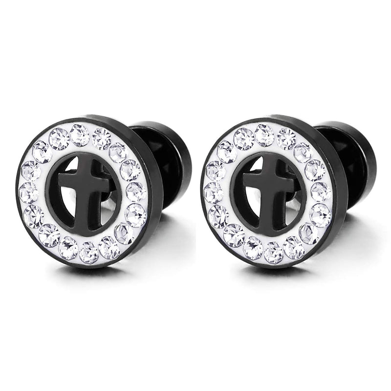 Mens Womens Black Steel Circle Cross Stud Earring CZ and White Enamel, Cheater Fake Ear Plug Gauges - COOLSTEELANDBEYOND Jewelry