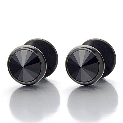 Mens Womens Black Stud Earrings Steel Cheater Fake Ear Plugs Gauges with Black Cubic Zirconia, 2pcs - coolsteelandbeyond