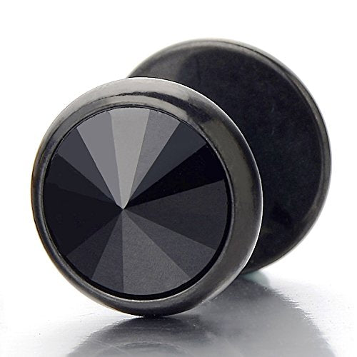 Mens Womens Black Stud Earrings Steel Cheater Fake Ear Plugs Gauges with Black Cubic Zirconia, 2pcs - coolsteelandbeyond