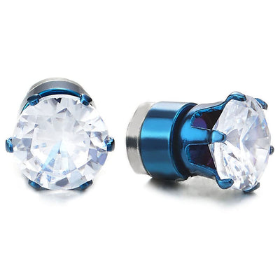 Mens Womens Blue Magnetic Cubic Zirconia Stud Earrings, Steel, Non-Piercing Clip On Cheater Fake Ear - COOLSTEELANDBEYOND Jewelry