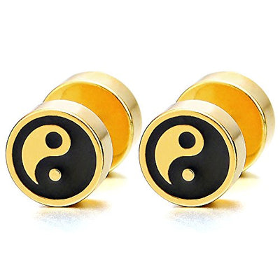 Mens Womens Gold Black Yin-yang Stud Earrings, Steel Illusion Tunnel Cheater Fake Ear Plugs Gauges - COOLSTEELANDBEYOND Jewelry