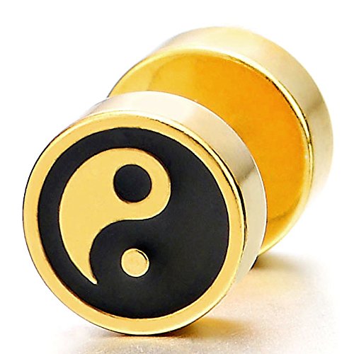 Mens Womens Gold Black Yin-yang Stud Earrings, Steel Illusion Tunnel Cheater Fake Ear Plugs Gauges - COOLSTEELANDBEYOND Jewelry