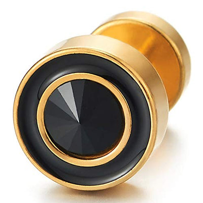 Mens Womens Gold Circle Stud Earrings with Black Enamel and Spiked CZ, Steel Cheater Fake Ear Plugs - coolsteelandbeyond