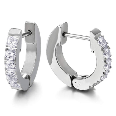 Mens Womens Pair Unisex Huggie Hinged Hoop Earrings with Cubic Zirconia - COOLSTEELANDBEYOND Jewelry